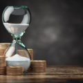 Gold coins stacked in ascending order next to an hour glass